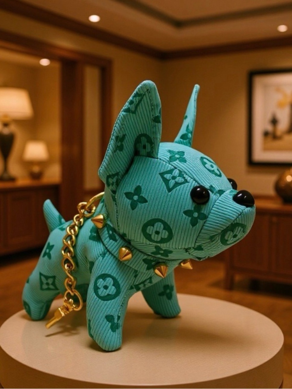 Turquoise LV French Dog in leather as Bag charm/Keychain